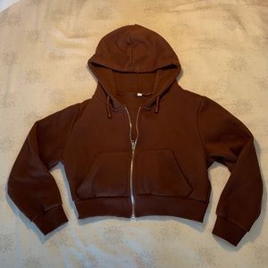 warm brown, cropped, zip-up hoodie